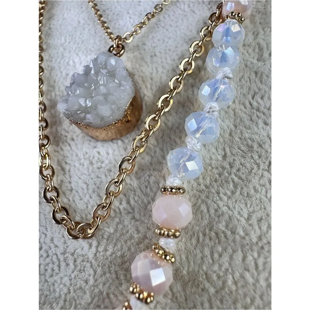 Gold-Tone Layered Necklace with Pink Beads and White Marbled Teardrop Pendant